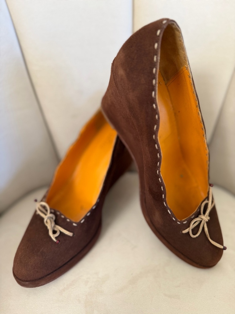 Henry Cuir Barneys New York Brown Suede Wedges Slip On Shoes Bow-Detail Vtg Y2K8 - Picture 8 of 10